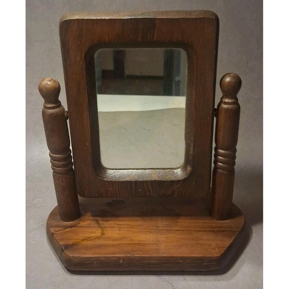 Vintage Rustic Pine Wood Tabletop Dresser Vanity Swivel Mirror